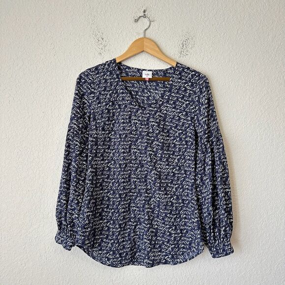 CABI #5336 Te Amo Love Script Blouse Puff Sleeve in Navy - Picture 1 of 10